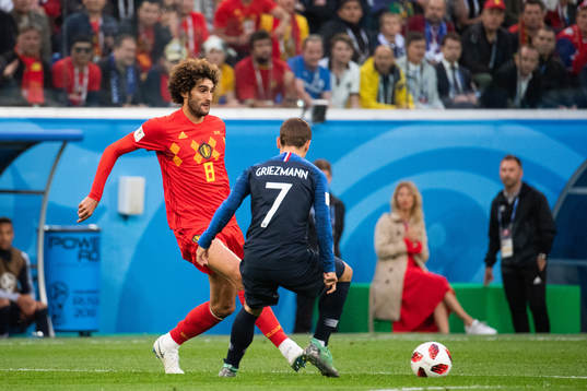 Marouane Fellaini of Belgium and Antoine Griezmann of France