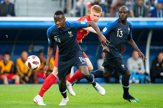 Blaise Matuidi of France and Kevin De Bruyne of Belgium