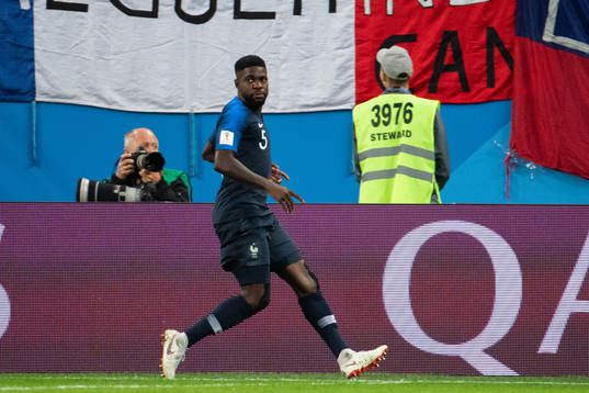 Samuel Umtiti celebrates scoring 1-0