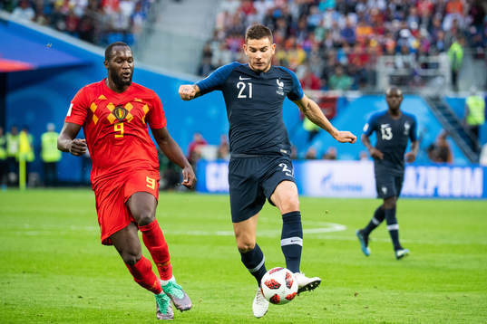 Lucas Hernandez of France and Romelu Lukaku of Belgium