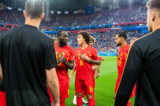 Romelu Lukaku and Axel Witsel of Belgium prior to the FIFA