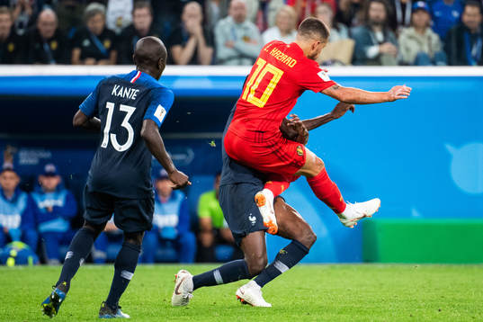 Blaise Matuidi of France and Eden Hazard of Belgium in a