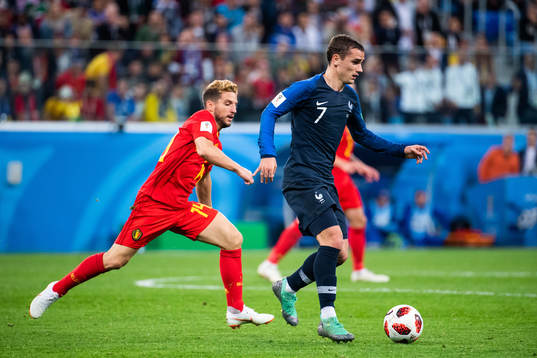 Antoine Griezmann of France and Dries Mertens of Belgium