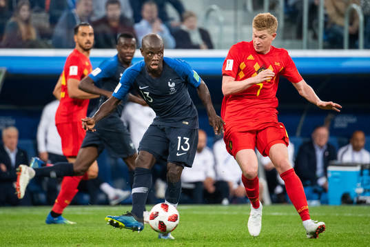 Ngolo Kante of France and Kevin De Bruyne of Belgium