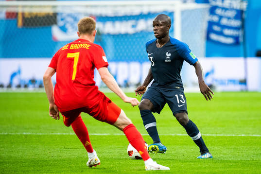 Ngolo Kante of France and Kevin De Bruyne of Belgium