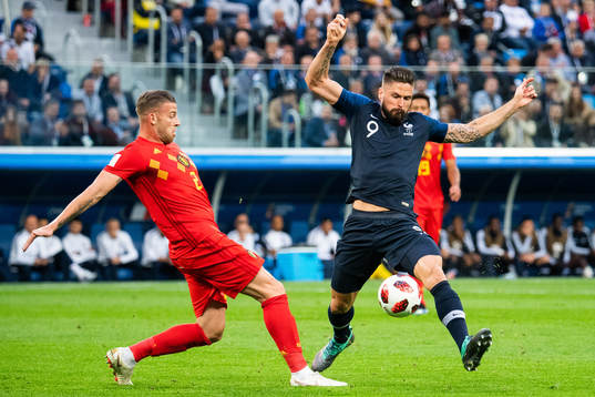Toby Alderweireld of Belgium clears the ball in front of