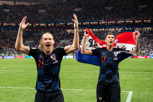 Domagoj Vida and Mario Mandzukic of Croatia cdlebrate