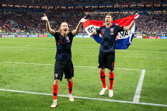 Domagoj Vida and Mario Mandzukic of Croatia cdlebrate