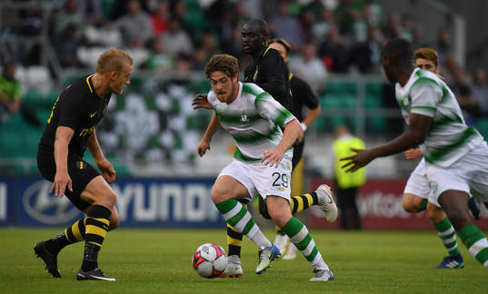 Sam Bone of Shamrock Rovers in action against Robin Jansson