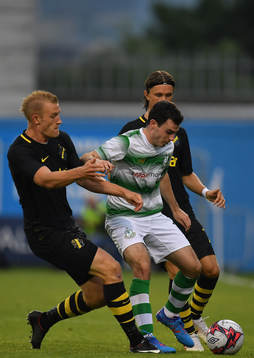 Joel Coustrain of Shamrock Rovers in action against Robin