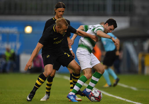 Joel Coustrain of Shamrock Rovers in action against Robin