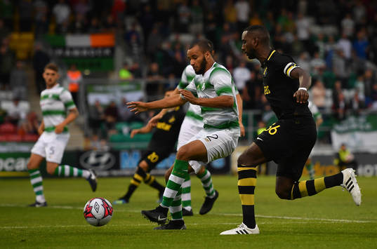 Ethan Boyle of Shamrock Rovers in action against Henok