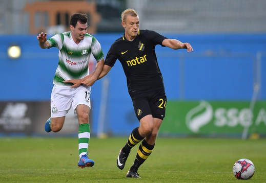 Joel Coustrain of Shamrock Rovers in action against Robin