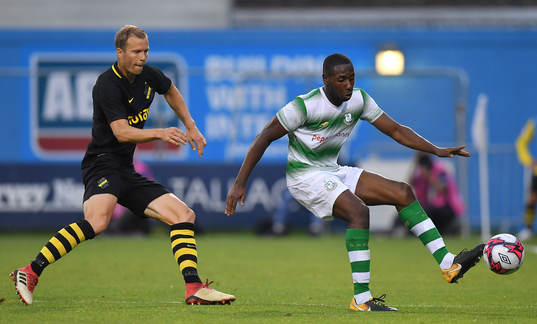 Dan Carr of Shamrock Rovers in action against Per Karlsson
