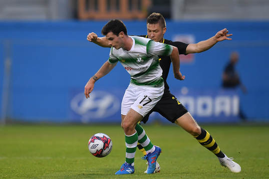 Joel Coustrain of Shamrock Rovers in action against Haukur