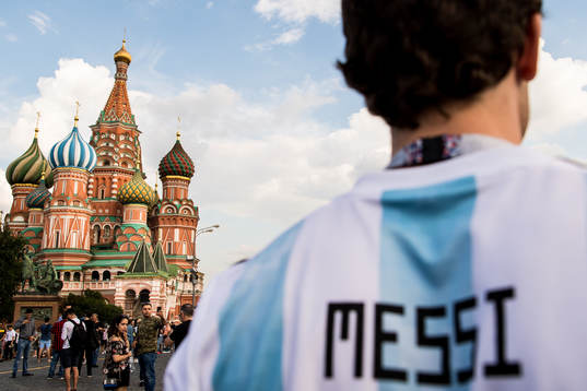 A fan of Argentina with a Messi shirt is seen at Saint