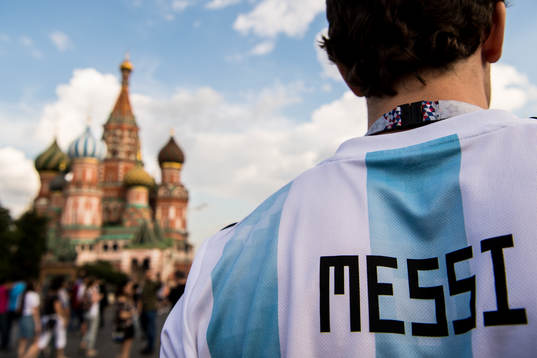 A fan of Argentina with a Messi shirt is seen at Saint