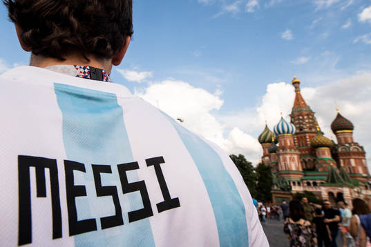 A fan of Argentina with a Messi shirt is seen at Saint