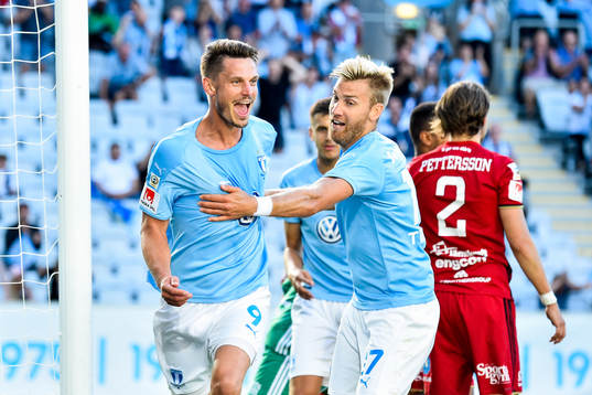 Malmö FFs Markus Rosenberg och Rasmus Bengtsson jublar