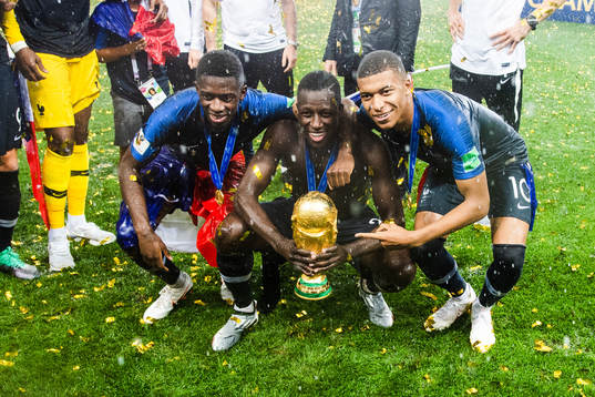 Blaise Matuidi and Kylian Mbappe of France celebrates with