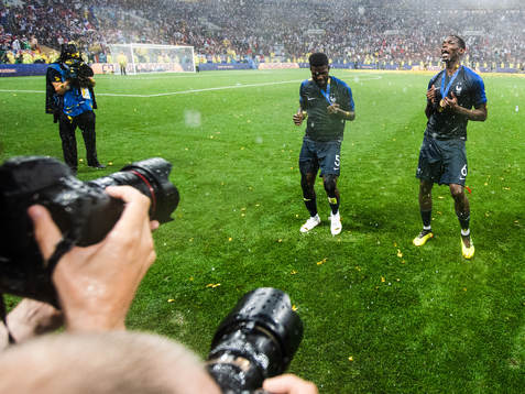 Samuel Umtiti and Paul Pogba of France celebrate