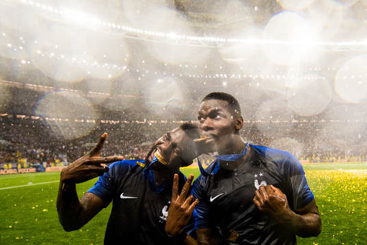 Samuel Umtiti and Paul Pogba of France celebrate