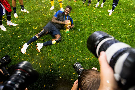 Samuel Umtiti of France celebrate with the trophy