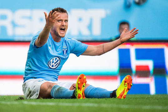Eric Larsson of Malmö FF reacts at a call by the referee