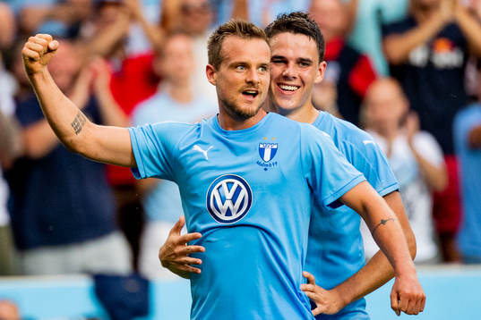 Eric Larsson and Samuel Adrian of Malmö FF celebrates