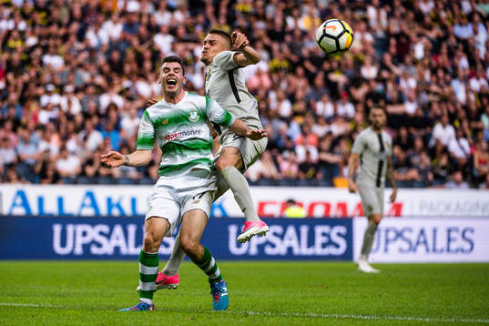 Joel Coustrain of Shamrock Rovers and Rasmus Lindkvist of