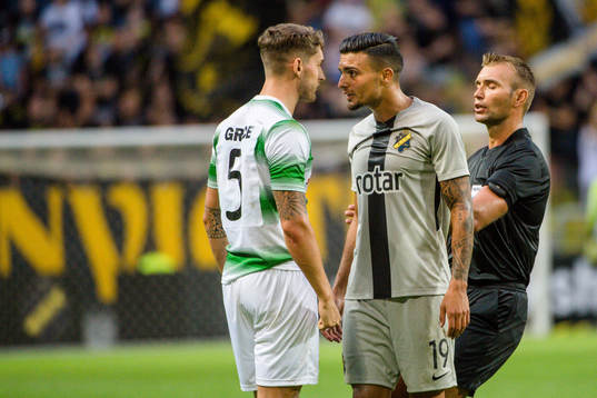 Lee Grace of Shamrock Rovers and Ahmed Yasin of AIK