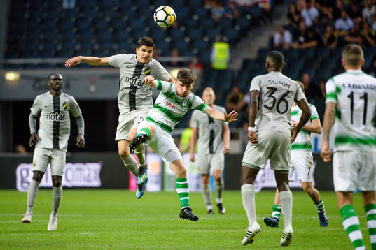 Tarik Elyounoussi of AIK against Aaron Bolger of Shamrock