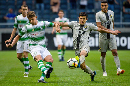 Lee Grace of Shamrock Rovers and Tarik Elyounoussi of AIK