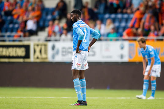 Akinbola Akinyemi of Sandnes Ulf looks dejected