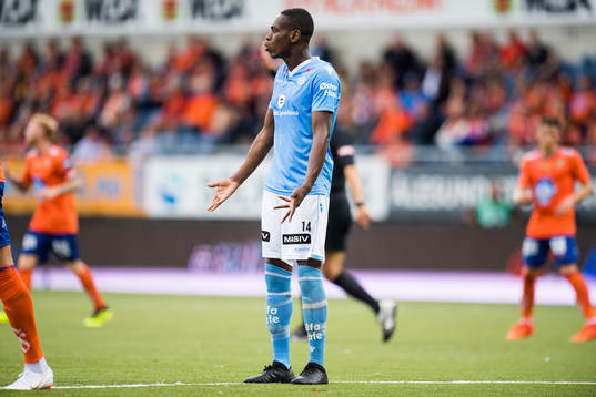 Akinsola Akinyemi of Sandnes Ulf reacts