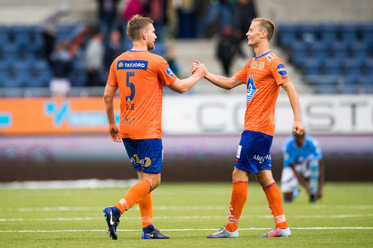 Oddbjørn Lie and Ståle Steen Sæthre of Aalesund celebrate