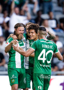 Hammarbys Nikola Djurdjic jublar med Neto Borges  och