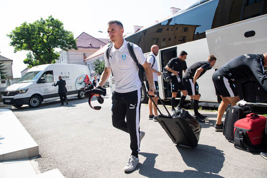 Physio Ben Rosen of Malmö FF arrives to the hotel