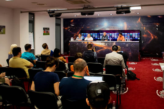 General view of a press conference with head coach Edward