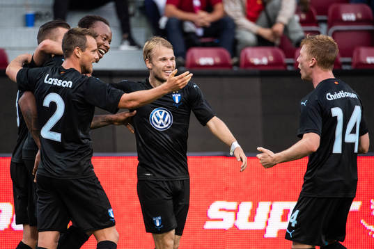 Carlos Strandberg of Malmö FF celebrates with Eric