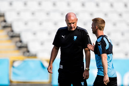 Malmö FFs tränare Uwe Rösler  och Anders Christiansen i