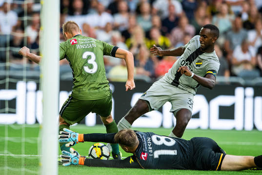 Goalkeeper Nicolai Larsen of Nordsjälland blocks an attempt