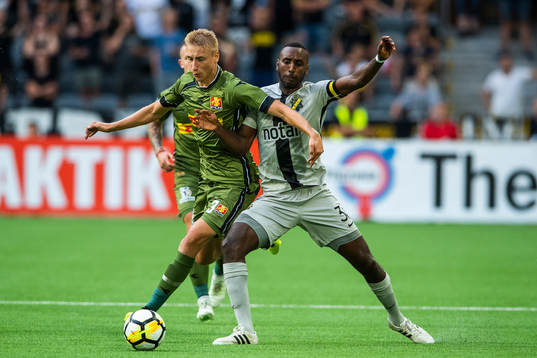 Henok Goitom of AIK vies with Ulrik Yttergård Jenssen of