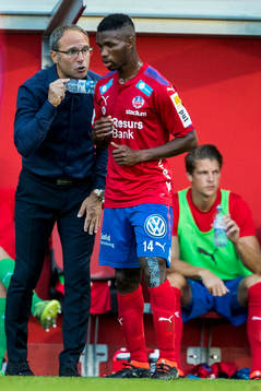 Helsingborgs tränare Per-Ola Ljung och Mohammed Abubakari