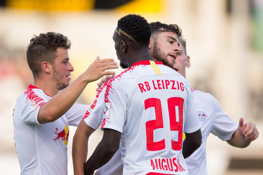 Massimo Bruno of Leipzig celebrates with his teammates