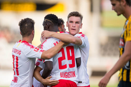 Massimo Bruno of Leipzig celebrates with his teammates