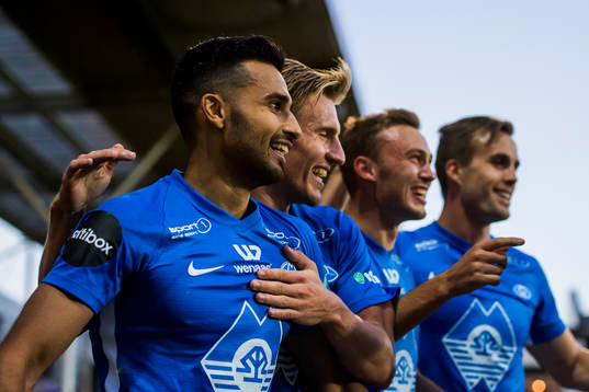 Etzaz Hussain of Molde celebrates