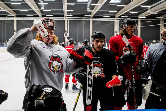 Malmö Redhawks Linus Gidbark, Konstantin Komarek och Emil