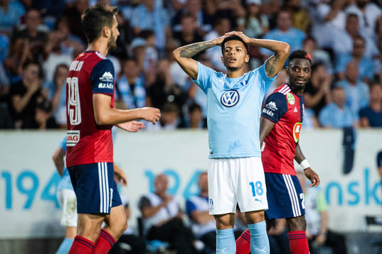Romain Gall of Malmö FF looks dejected