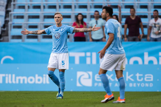 Sören Rieks of Malmö FF reacts against the referee